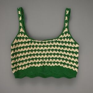 ASTR‎ The Label Crochet Crop Top Sleeveless Green Beige Knit Tank Large